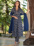 Navy Blue Pure Cotton Floral Printed A-line Kurta Pant With Dupatta Set